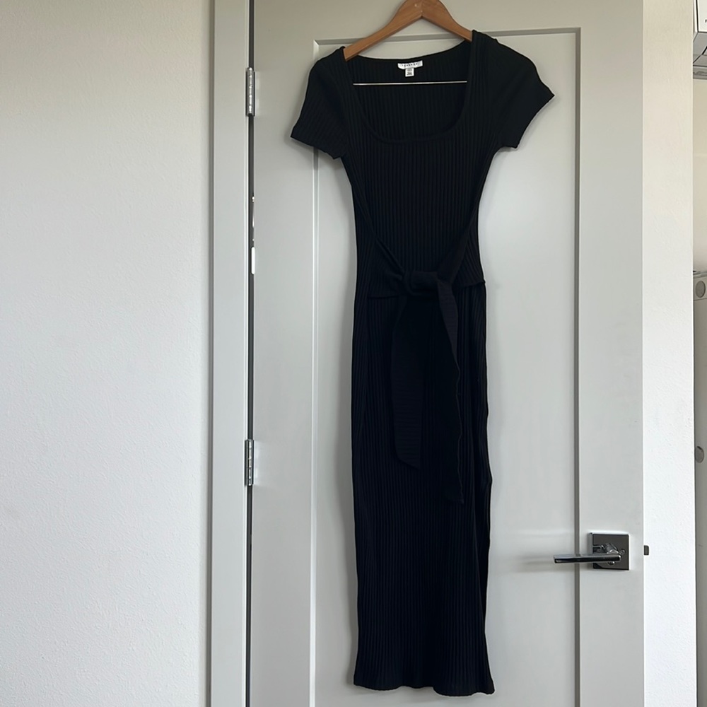 Top shop black rib square neck dress with tie front